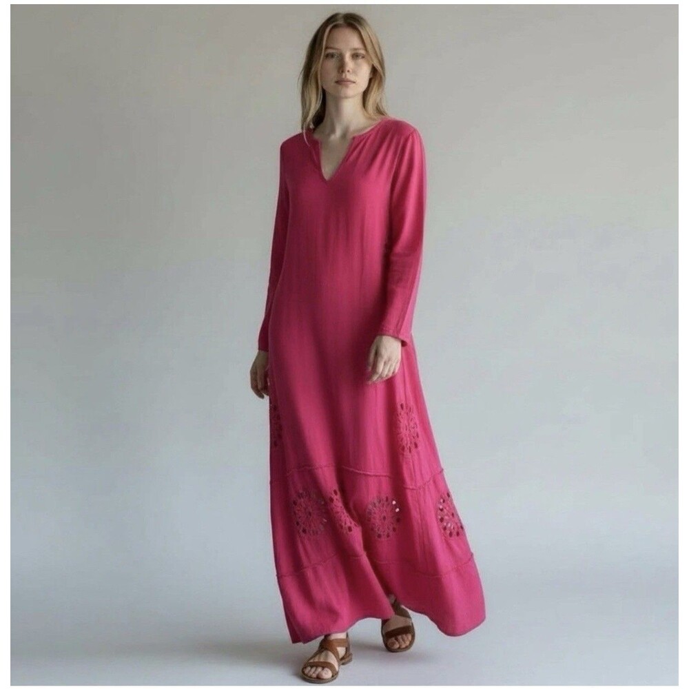 Young Fabulous & Broke Cape Code Pink Linen Maxi Dress M Eyelet Crochet Caftan